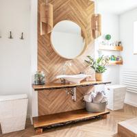 Bathroom sink, wood counter