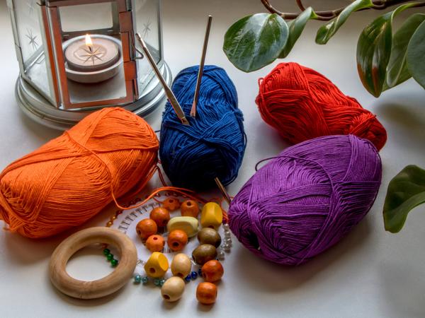 Yarn, beads, knitting needles